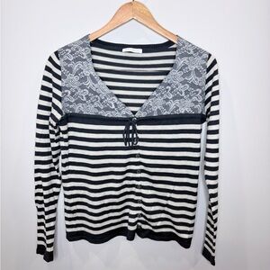 Promod Long Sleeve V-Neck Button Up Stripe Top
